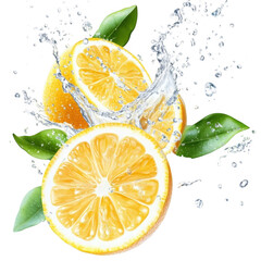 Fresh delicious lemons splashing with leaves, cut out
