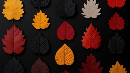 Fototapeta premium Autumnal Leaf Pattern: A captivating arrangement of autumn leaves in rich, warm hues—reds, oranges, and browns—arranged against a stark black background.