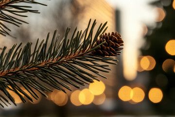 A pine tree branch with a pine cone on it