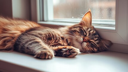 Cat Resting on Windowsill in Soft Sunlight