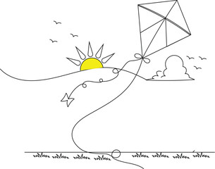 Kite flying in the sky Continuous one line art drawing of scissors vector illustration design