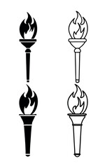 Fire Torch Icon Set Illustration in Silhouette Style with unique flame and handle designs