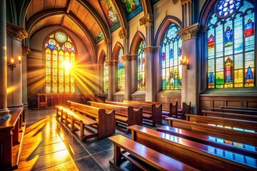 Fototapeta premium Serene Church Interior: Light Streaming Through Stained Glass, Inviting Contemplation and Prayer