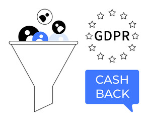 Funnel directs various user icons stars and GDPR to the right, CASH BACK in dialogue bubble. Ideal for data management, online privacy, customer incentives, compliance, marketing, user data, digital