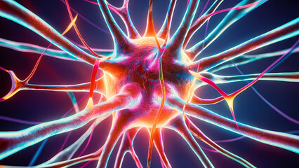 Fototapeta premium 3D Render of a Close-up Neuron Showcasing Its Intricate Structure and Interconnected Networks - Digital Art