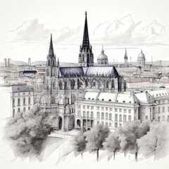 Naklejka premium the AI Image Generator, Sketch of Historic Gothic Cathedral in Urban European