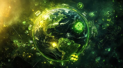 Obraz premium Conceptual image of a futuristic earth powered by renewable energy rings, glowing with clean energy icons, sustainability focus.