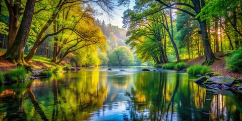 Obraz premium Serene Forest River: Scenic Landscape Photography - Calm Water, Lush Greenery