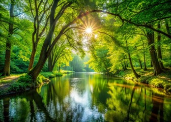 Obraz premium Serene Forest River: Sunlight Dappled Branches Over Calm Water