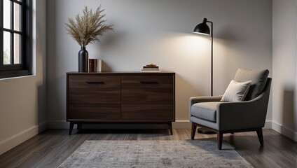 An elegant gray rug lies before a rich, dark brown dresser, adorned with sleek black handles. Above, a black vase holds delicate pampas grass against the wooden backdrop