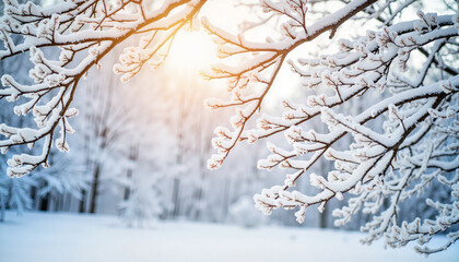 Snowy branches glowing in peaceful light, winter to spring transition