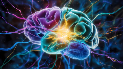 Obraz premium A Colorful Brain Cell Beautifully Showcasing Its Complex Network of Intricate Connections With a Glowing Yellow Synapse - Digital Art