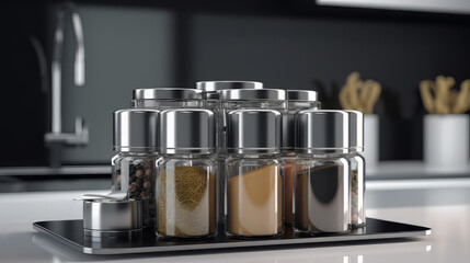  minimalist knife block placed on a polished marble countertop, with modern knives arranged neatly.