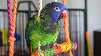 Colorful Parrot Perched on Vibrant Swing Indoor