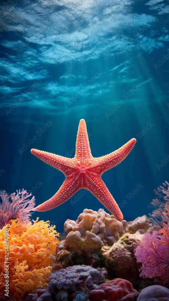 Poster sunbeams filtering through crystal clear ocean water illuminate a vibrant coral reef and a pink star