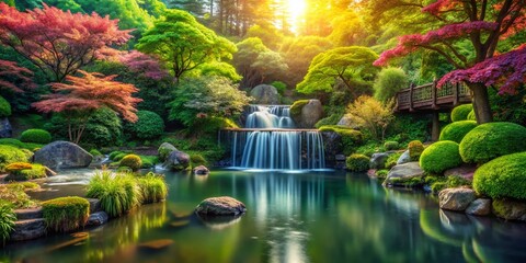 Obraz premium Serene Japanese Garden Waterfall, Bokeh, Slow Shutter Photography