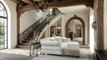 Fototapeta premium A welcoming living room with wooden details, soft furniture, and natural light filling the space.