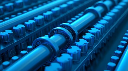 A close-up view of blue mechanical components, showcasing cylindrical parts and gears, highlighting a modern industrial design.