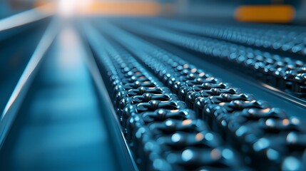 Fototapeta premium A close-up view of a conveyor belt system with shiny links, showcasing a modern industrial setting and depth of field.