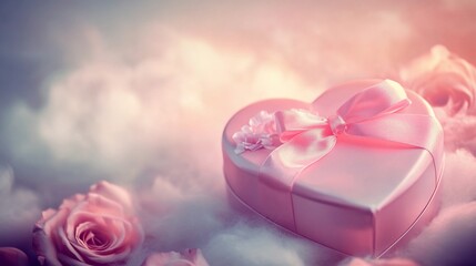 Romantic Heart-shaped Gift Box with Pink Bow and Flowers in a dreamy atmosphere