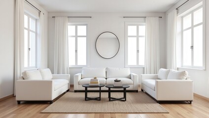Fototapeta premium Elegant indoor setting featuring a sleek three-piece white leather sofa flanked by two matching pieces. Accentuated by stylish black round tables in front, inviting cozy gatherings. 