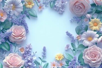 A beautiful floral frame made of pastel flowers, with empty space in the center for text or product display. The background is light blue 