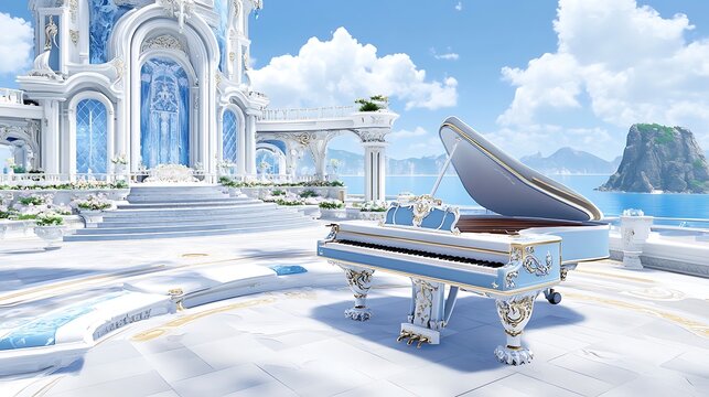 Grand Piano on Ocean View Terrace of Elegant Palace