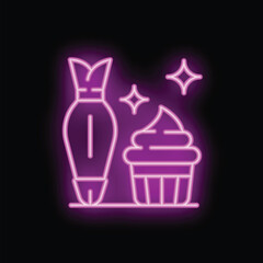 Neon sign is illuminated in pink and purple, depicting a pastry bag decorating a cupcake with swirls of icing