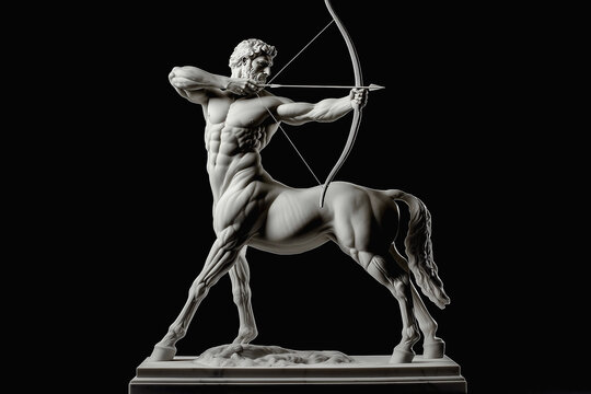 A centaur is a half-man, half-horse figure with a bow in his hand. Ancient Greek and Roman mythology. Fragment of a marble statue. Horizontal image.