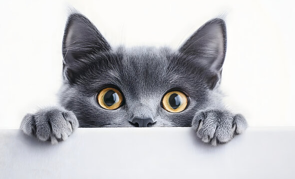 Curious gray cat peeking over a white surface.