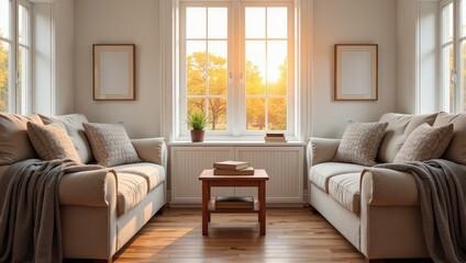 Exquisite beige sofas flanked by vertical wooden panels grace an elegant indoor setting, creating a harmonious blend of comfort and style