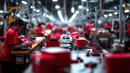 Bustling Factory Floor With Automated Production Line and Uniformed Workers