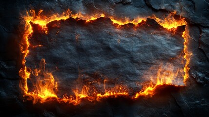 Fototapeta premium Burning rectangular frame made of fire on dark rock background