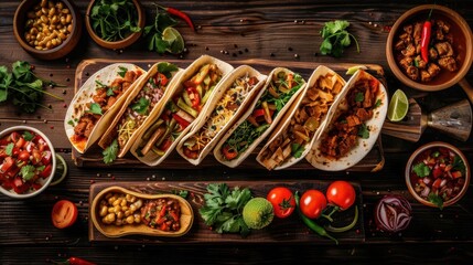 A vibrant display of assorted tacos with fresh ingredients on a wooden table, garnished with herbs