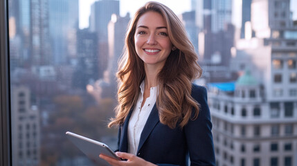 Fototapeta premium French business woman in suit smiling holding tablet at city with skyscrapers