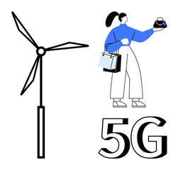 Woman holding smartphone shopping bags, beside wind turbine, 5G text. Ideal for tech expansion, e-commerce, sustainability, innovation, digital transformation smart cities clean energy. Modern