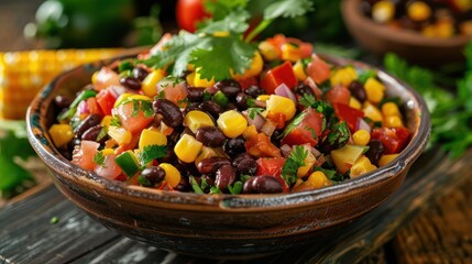 Vibrant bowl of fresh corn, black bean, and tomato salad garnished with cilantro on rustic wooden table