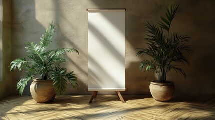 Obraz premium A 3D pop-up banner mockup in a professional setting, standing upright with soft shadows, high-quality fabric texture visible