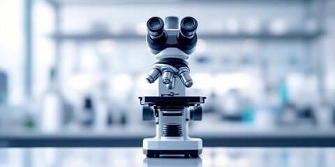 Professional microscope in modern medical laboratory. Scientific equipment for clinical research and analysis. Healthcare technology closeup view with blurred background