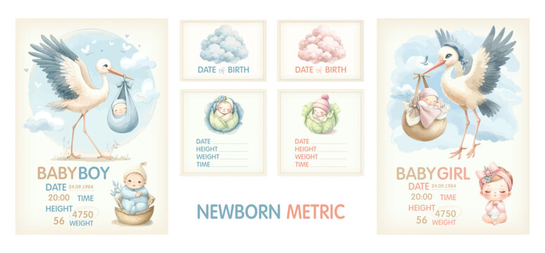 Watercolor Baby posters of newborn metric, height, weight, date of birth with stork carrying a cute baby. Newborn announcement cards, birthday party.