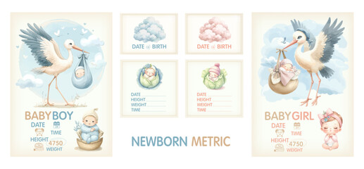Watercolor Baby posters of newborn metric, height, weight, date of birth with stork carrying a cute baby. Newborn announcement cards, birthday party.