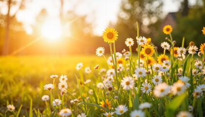 Obraz premium Sunlit flowers blooming in breezy garden, vibrant serenity
