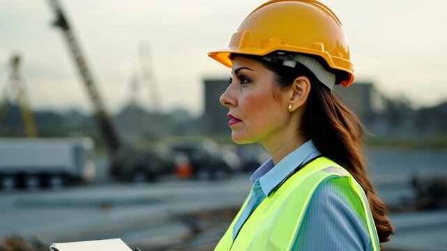 Middle aged Caucasian female supervisor with clipboard on construction site. The female supervisor leads by example, ensuring tasks are completed efficiently.