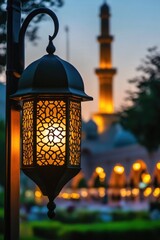 A street light shining down on a traditional mosque building at night