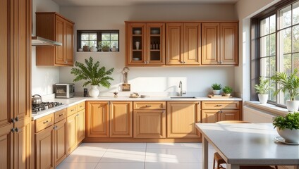 Stunning kitchen interior featuring elegant wooden cabinets and pristine white marble countertops, centered around a chic silver faucet and sink setup. Warm, inviting 3/4 view