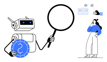 Robot with magnifying glass and currency sign, woman contemplating graphical interface. Ideal for technology, financial analysis, AI research, cyber security, investment, data analytics, user