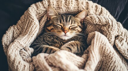 Cozy Cat Curled Up on Soft Blanket with Pastel Tones