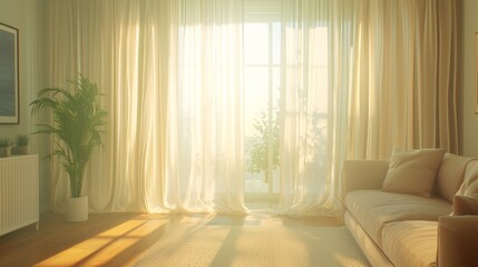 Fototapeta premium Tranquil Winter Morning in a Motivational Living Room with Sunlit Sheer Curtains - Cinematic and Ultra-Detailed Decor Concept