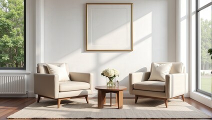 Fototapeta premium Two elegant cream leather armchairs flank a petite round wood table, set against a cozy backdrop of light brown flooring and a soft white-beige rug. 