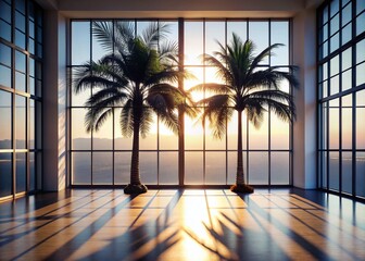 Serene Palm Shadow Silhouette: Bright Minimalist Interior Stock Photo